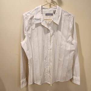 Liz Clairbone white and black Polka Dot long Sleeves plus size cotton blouse 16